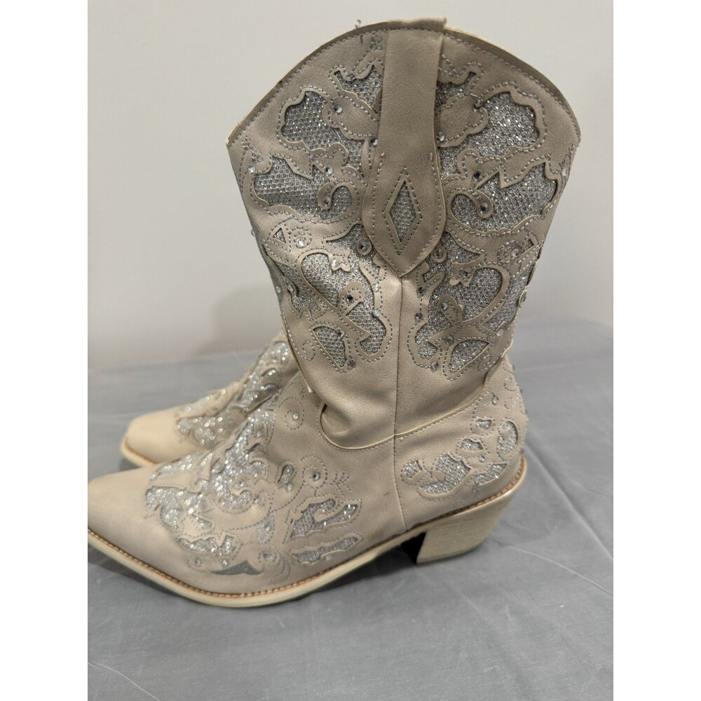 Womens Western Cowboy Boots Beige Silver Glitter Embroidered EU 38 US 7.5 - Picture 1 of 6